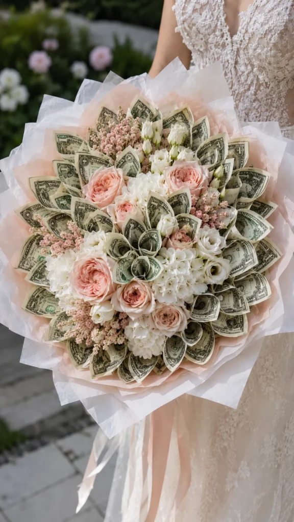 Bridal money bouquet with folded dollar bill petals, blush roses, white flowers, soft tissue paper, and a lace wedding dress outdoors.
