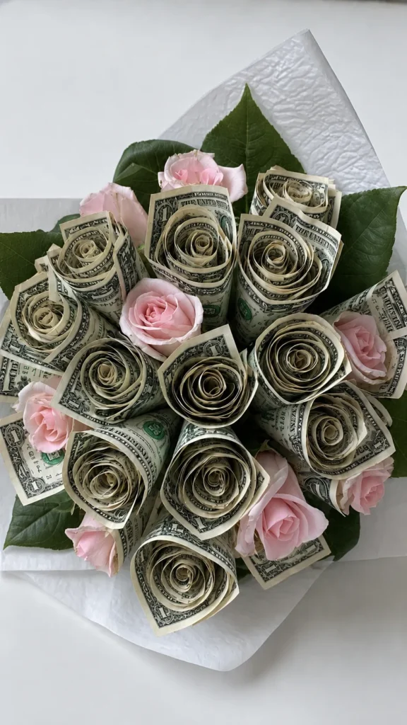 Money bouquet made with rolled dollar bill roses, soft pink roses, green leaves, and white wrapping paper arranged in a full bouquet.