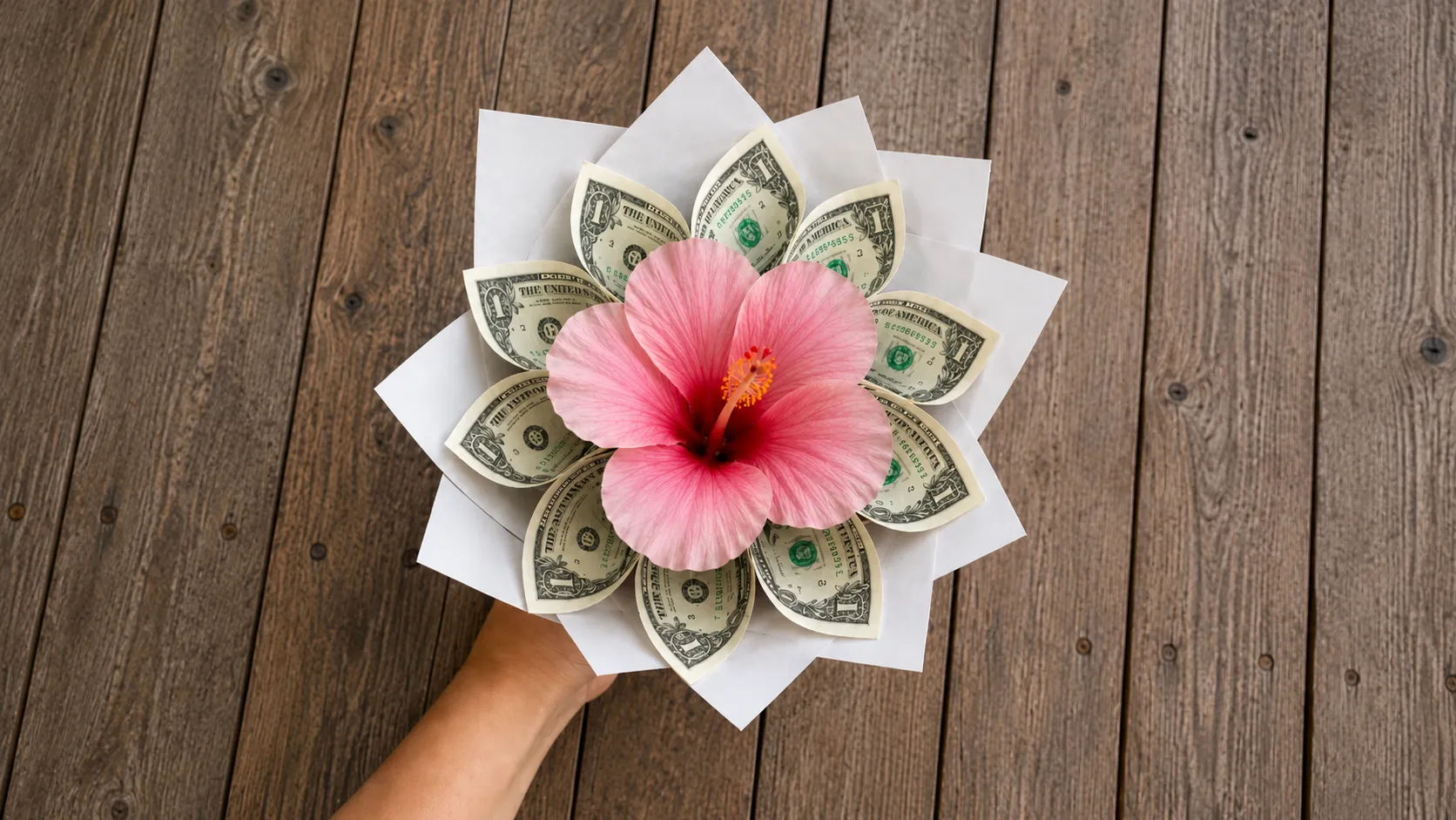 Small money bouquet with a pink hibiscus, folded dollar bill petals, white wrapping paper, and a rustic wood background.