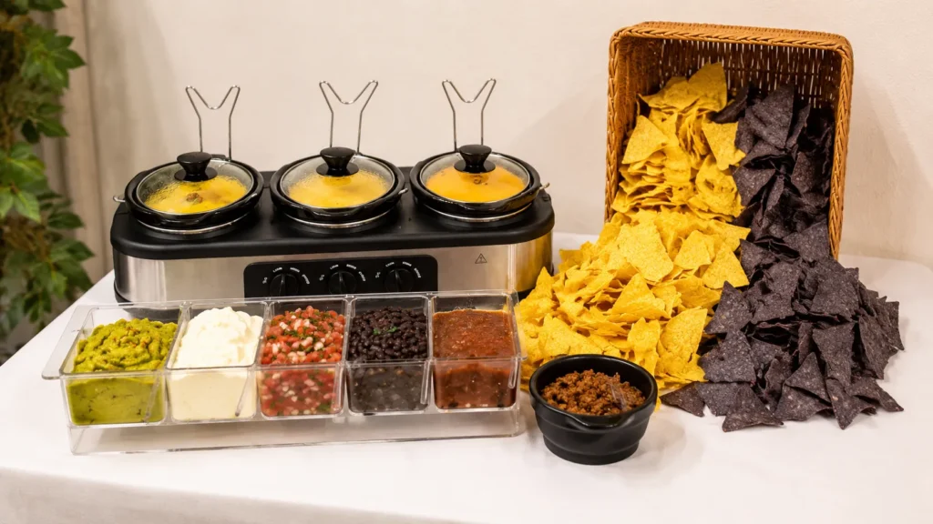 nacho bar ideas, toppings, chips, cheese
