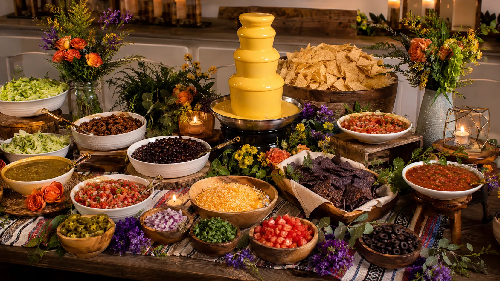 nacho bar with a queso fountain