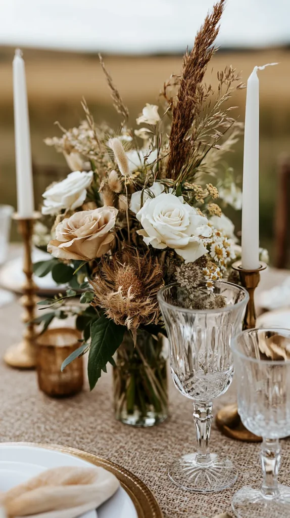outdoor table, neutral-colored wedding centerpiece