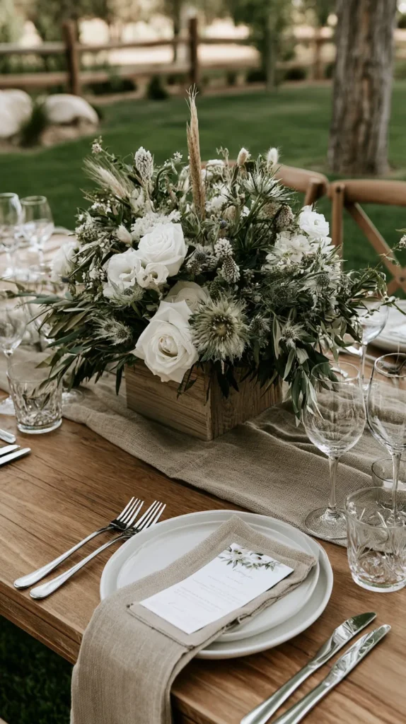 minimalist neutral-colored wedding centerpiece, outdoor table