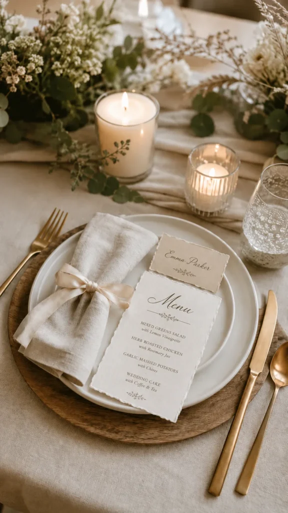 Close-up of a neutral wedding table place setting, ivory plate with soft linen napkin tied with thin champagne ribbon, deckled edge menu card, beige place card, warm wood charger, brushed gold flatware, creamy candlelight glow, soft taupe and ivory color palette