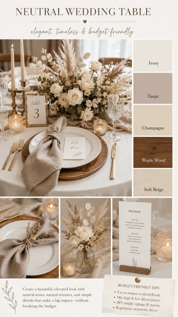 Neutral wedding table mood board with an elegant table setting, ivory linens, taupe napkins, champagne candles, warm wood chargers, cream flowers, soft beige dried stems, labeled color palette swatches reading Ivory, Taupe, Champagne, Warm Wood, Soft Beige, clean editorial layout, refined budget wedding inspiration, soft natural lighting, realistic textures, no people, no watermak