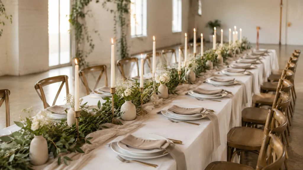 Long neutral wedding reception table in a simple bright venue, layered ivory linens, oatmeal gauze runner, white ceramic plates, matte taupe napkins, mixed-height ivory taper candles, low greenery runner, small cream flower bud vases, natural wood chairs, warm romantic glow, simple affordable wedding table design, realistic editorial photography, no people, no text, no watermark