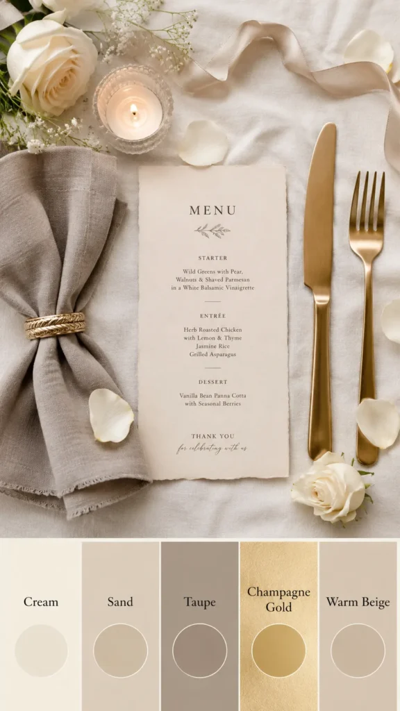 Elegant neutral wedding table color palette mood board, flat lay with ivory linen fabric, taupe napkin, champagne ribbon, warm beige paper menu, brushed gold flatware, cream rose petals, small candle, labeled palette swatches reading Cream, Sand, Taupe, Champagne Gold, Warm Beige, soft natural light, refined wedding inspiration, realistic editorial style, no people, no watermark