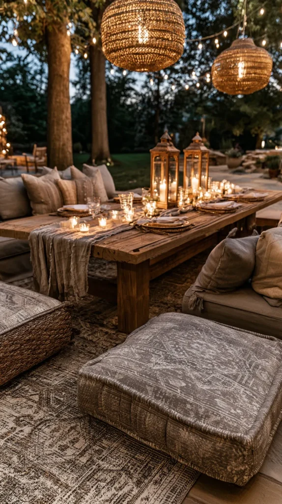 outdoor birthday party, low seating area, table lanterns