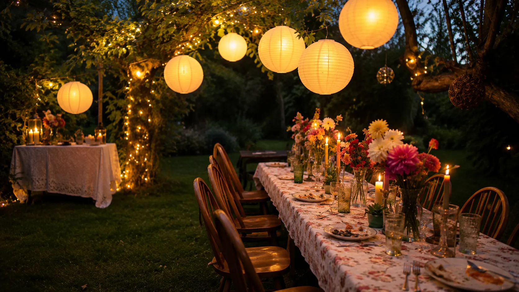 outdoor evening summer birthday party, strung paper lanterns