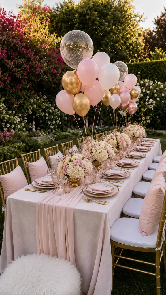 outdoor table, pink and gold decorations, balloons