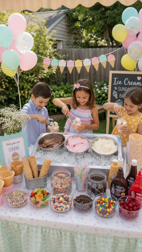 ice cream station outside, three kids, toppings