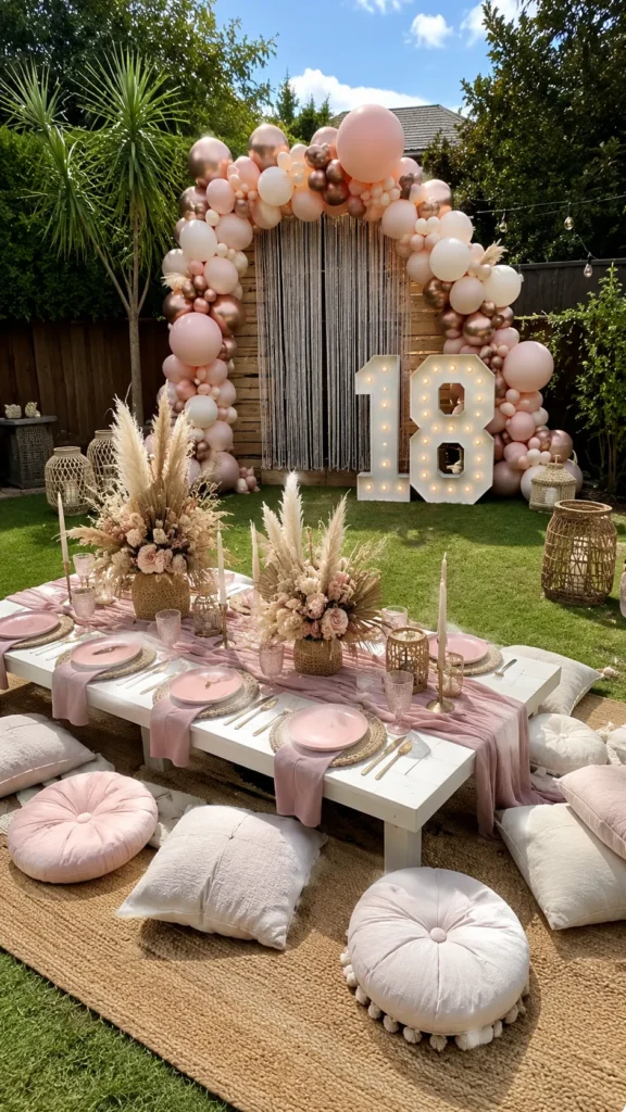 18th birthday sign, table on the ground, pillow seats