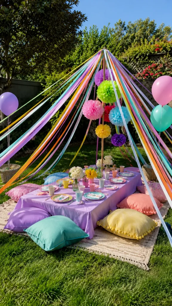 colorful streamers, low table on the ground, pillows