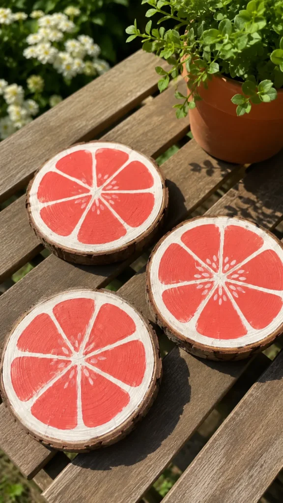 set of three painted grapefruit design coasters
