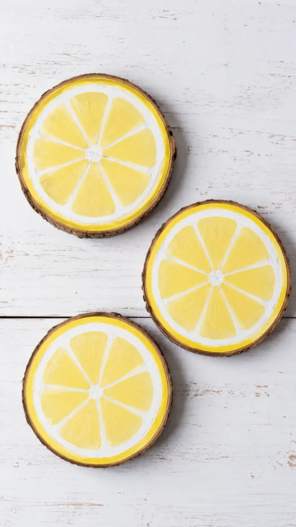 three wooden coasters painted like yellow lemon slices