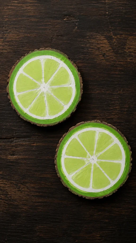 2 lime coasters, painted designs