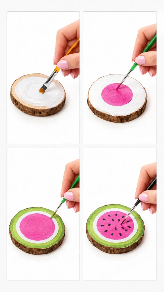 4-step process to painted a wooden watermelon design coaster