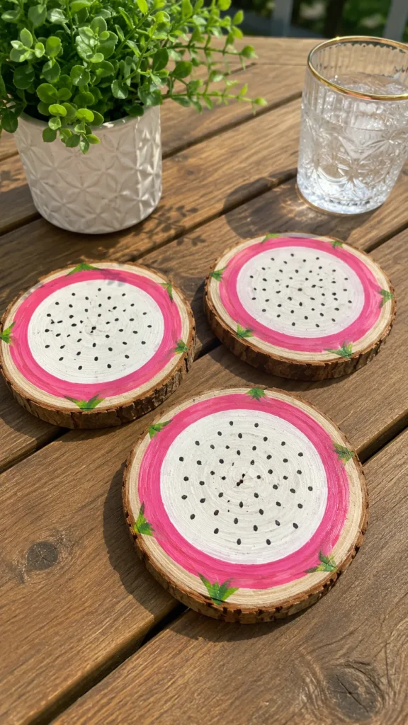 3 painted coasters, dragonfruit design