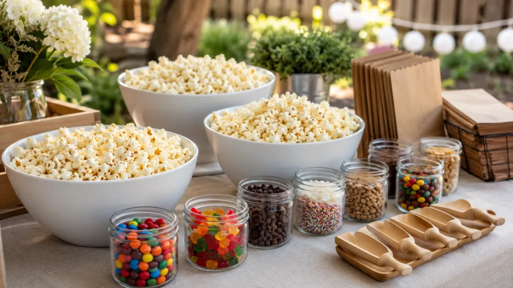 Simple popcorn prep scene with plain popped popcorn in a large white ceramic bowl, extra popcorn in kraft paper bags, small scoop, clean kitchen counter, soft natural window light, minimal budget-friendly styling, crisp fluffy kernels, realistic food photography, no people, no text, no watermark