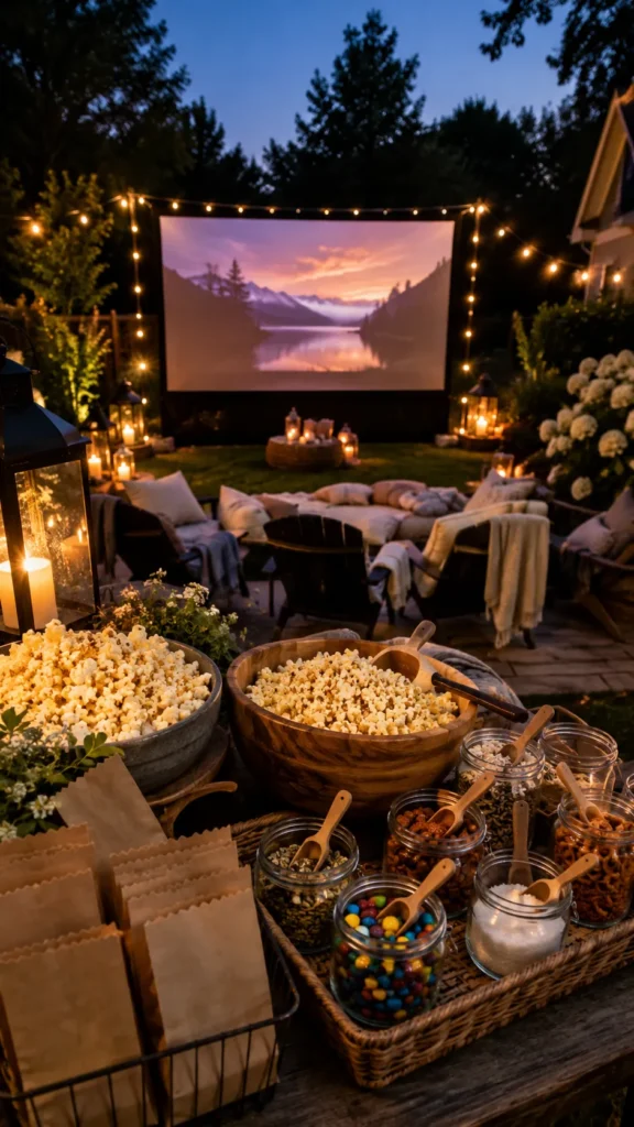 outdoor movie night, with outdoor movie screen, and a popcorn bar