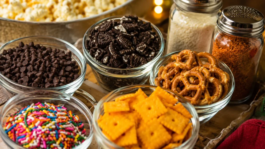 Close-up of a pretty popcorn toppings setup with mini chocolate chips, crushed cookies, pretzels, sprinkles, cheddar crackers, and seasoning shakers in small clear bowls and jars, fluffy popcorn in the background, warm party lighting, budget-friendly but polished styling, realistic snack textures, no people, no text, no watermark