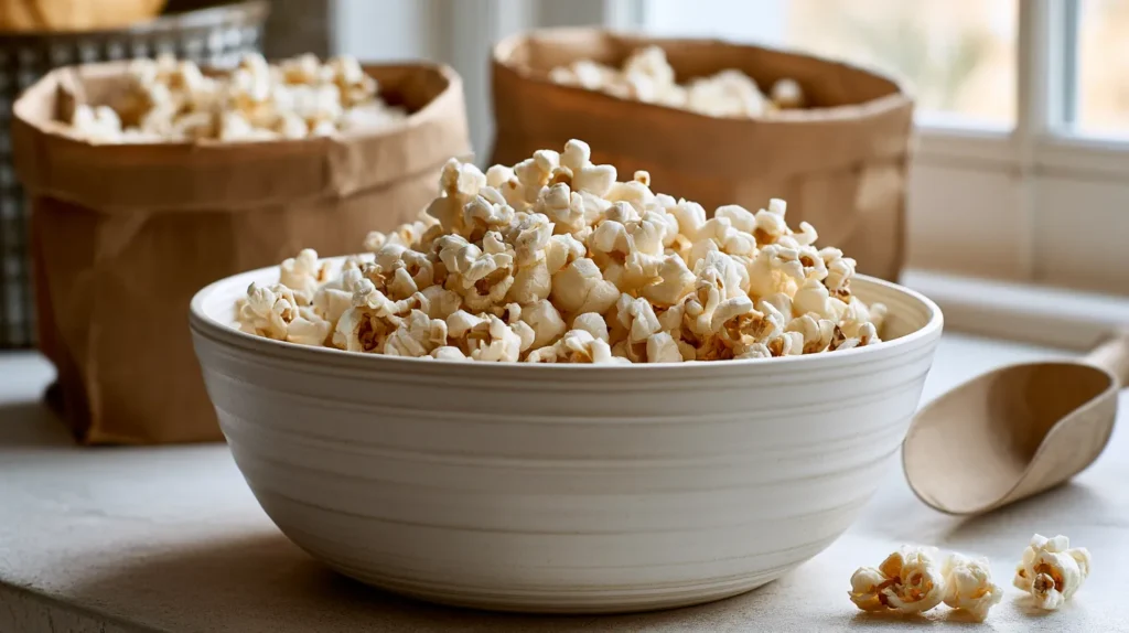 Simple popcorn prep scene with plain popped popcorn in a large white ceramic bowl, extra popcorn in kraft paper bags, small scoop, clean kitchen counter, soft natural window light, minimal budget-friendly styling, crisp fluffy kernels, realistic food photography, no people, no text, no watermark
