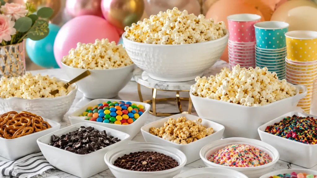 Cute birthday popcorn bar with bright candy toppings, sprinkles, cookie pieces, pretzels, white popcorn bowls, colorful paper cups, modern party table styling, playful but not childish, soft balloons blurred in background, crisp realistic details, no people, no text, no watermark