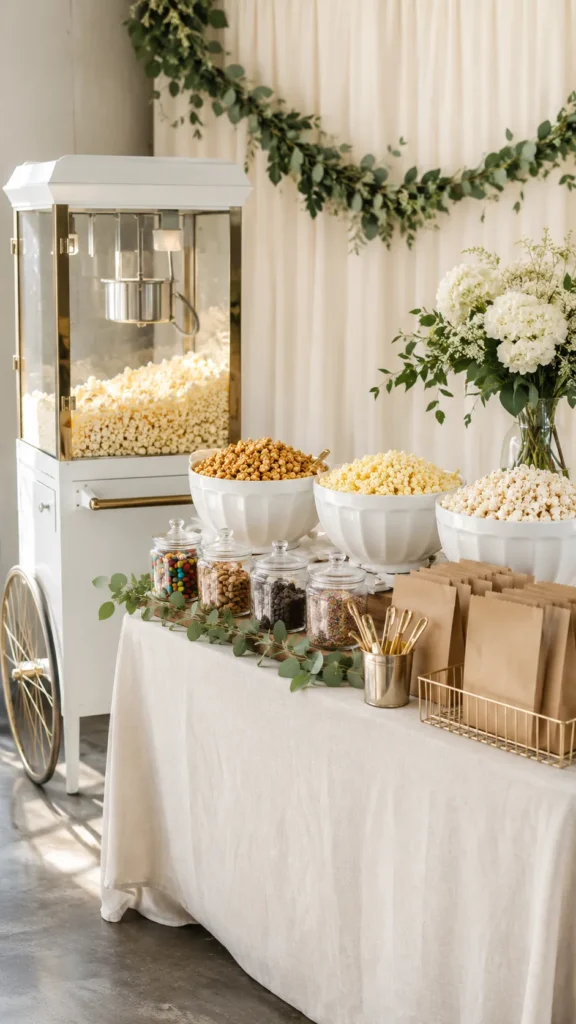 Elegant wedding popcorn bar with a small vintage popcorn cart beside a neutral snack table, white ceramic bowls filled with caramel popcorn, white cheddar popcorn, and sea salt popcorn, kraft paper favor bags, clear glass topping jars, soft cream and champagne decor, simple greenery, polished budget-friendly wedding snack bar styling, bright natural light, crisp editorial photography, realistic textures, no people, no text, no watermark
