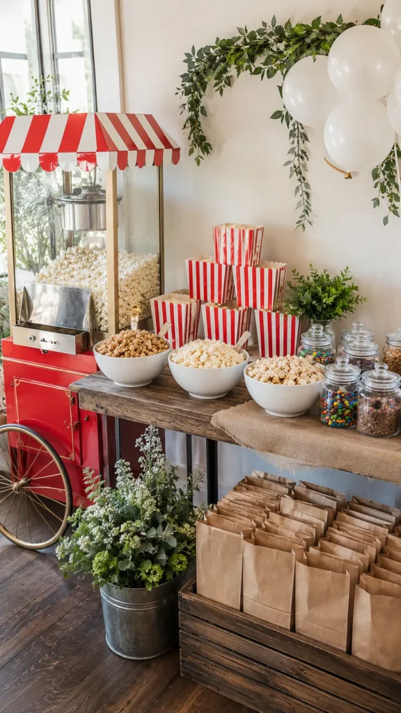 Charming popcorn bar setup with a small vintage popcorn cart beside a snack table, classic red and white striped popcorn buckets neatly arranged on the table, white ceramic bowls filled with caramel popcorn, white cheddar popcorn, and sea salt popcorn, clear glass topping jars, kraft paper favor bags, simple greenery, cheerful party styling, bright natural light, crisp editorial photography, realistic textures, no people, no text, no watermark --ar 9:16
