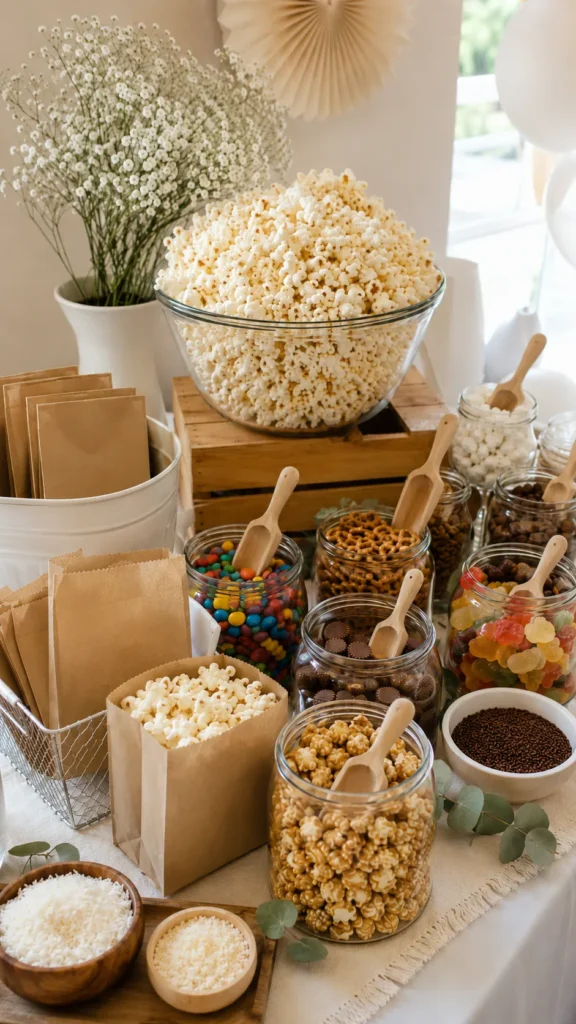Beautiful finished popcorn bar party table with fluffy popcorn, sweet and salty toppings, kraft paper bags, glass jars, wooden scoops, soft neutral colors, cozy celebratory mood, bright natural light, budget-friendly styling that looks polished, realistic food textures, no people, no text, no watermark --ar 9:16