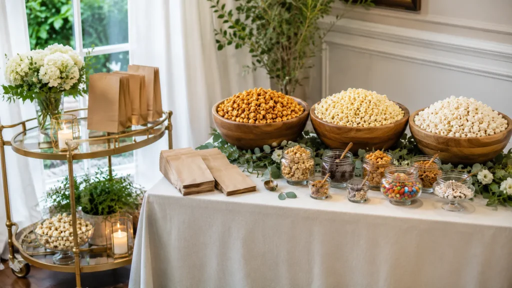 Large popcorn buffet display with a charming bar cart beside a snack table, bowls of caramel popcorn, white cheddar popcorn, sea salt popcorn, paper favor bags, glass topping jars, soft neutral party decor, polished budget-friendly event styling, editorial photography, no people, no text, no watermark