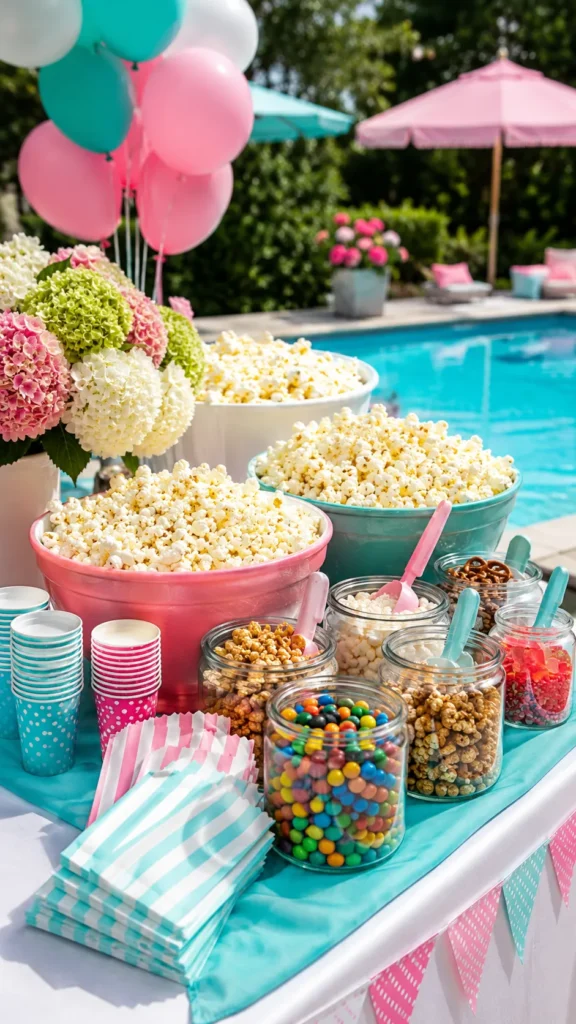 outdoor popcorn bar, poolside, pink and white and teal