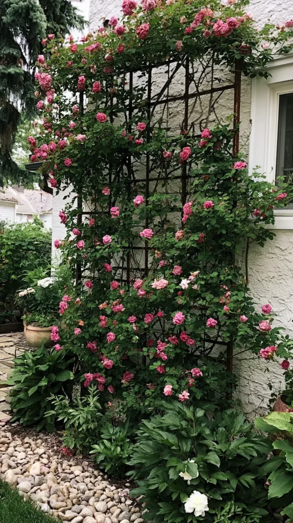 climbing rose trellis, backyard in a garden of a suburban home
