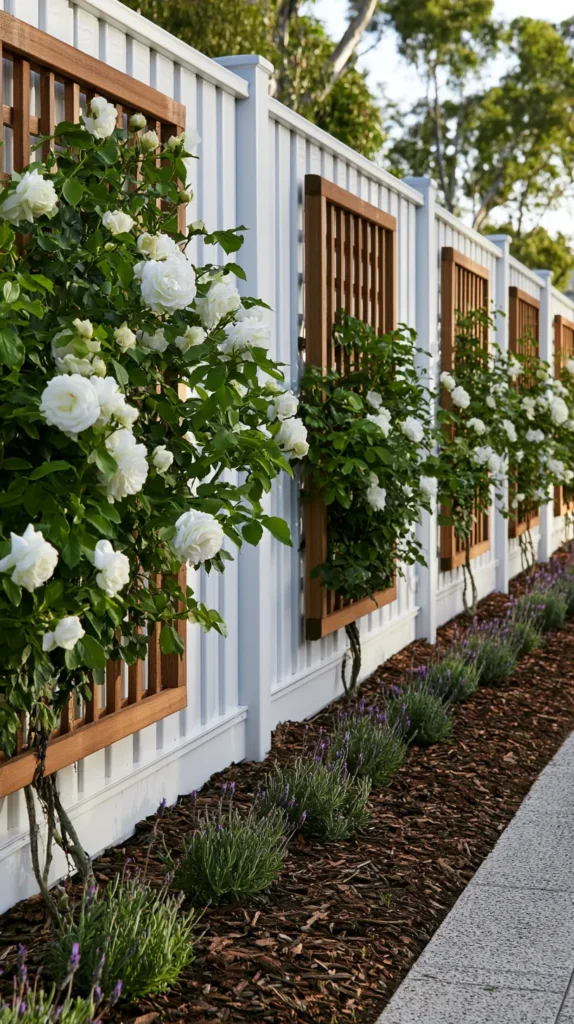 Long white backyard fence with several simple wooden trellis panels spaced evenly, climbing ivory-colored rose blooms on each wooden trellis panel, neat flower bed with mulch and small lavender plants, budget-friendly polished garden design, fresh spring light, realistic garden photography, no people, no text, no watermark
