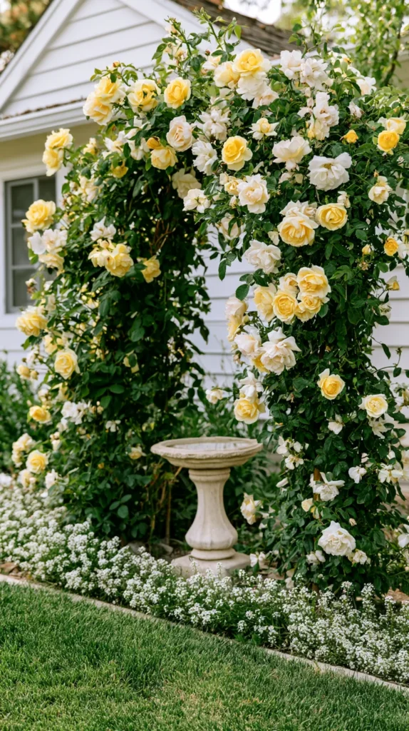 Vertical backyard garden scene with a lush climbing rose arbor covered in full yellow, blush, and soft white roses, thick green foliage wrapping around a simple hidden trellis frame, white house exterior in the background, small stone birdbath centered underneath the arch, low white alyssum flowers along the garden bed, fresh green lawn in the foreground, romantic cottage garden style, budget-friendly backyard landscaping idea, soft natural daylight, realistic garden photography, detailed rose petals, natural leaves, no people, no text, no watermark