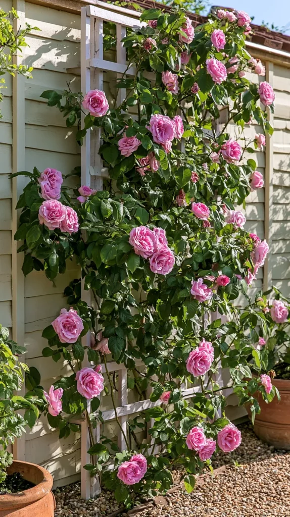 Budget-friendly backyard garden with climbing pink roses growing up a simple white wooden trellis against a soft cream fence, lush green leaves, small gravel path, terracotta pots, cottage garden charm, affordable DIY garden style, warm natural sunlight, realistic outdoor photography, soft shadows, crisp details, no people, no text, no watermark