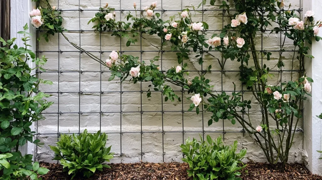 Simple DIY climbing rose trellis made with galvanized wire and small eye hooks on a painted white wooden fence, pale pink climbing roses beginning to trail across the wire, neat mulch bed, fresh green foliage, budget-friendly garden project, clean backyard setting, realistic natural light, editorial garden photography, no people, no text, no watermark