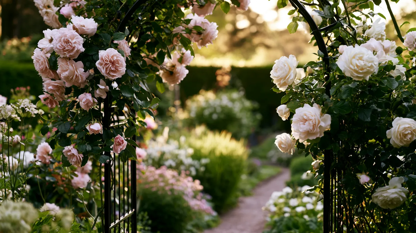 Affordable black metal garden arbor covered with blush pink and creamy white climbing roses, narrow garden walkway underneath, soft cottage garden flowers nearby, lush greenery, charming budget backyard design, golden hour light, realistic garden photography, romantic but practical style, no people, no text, no watermark