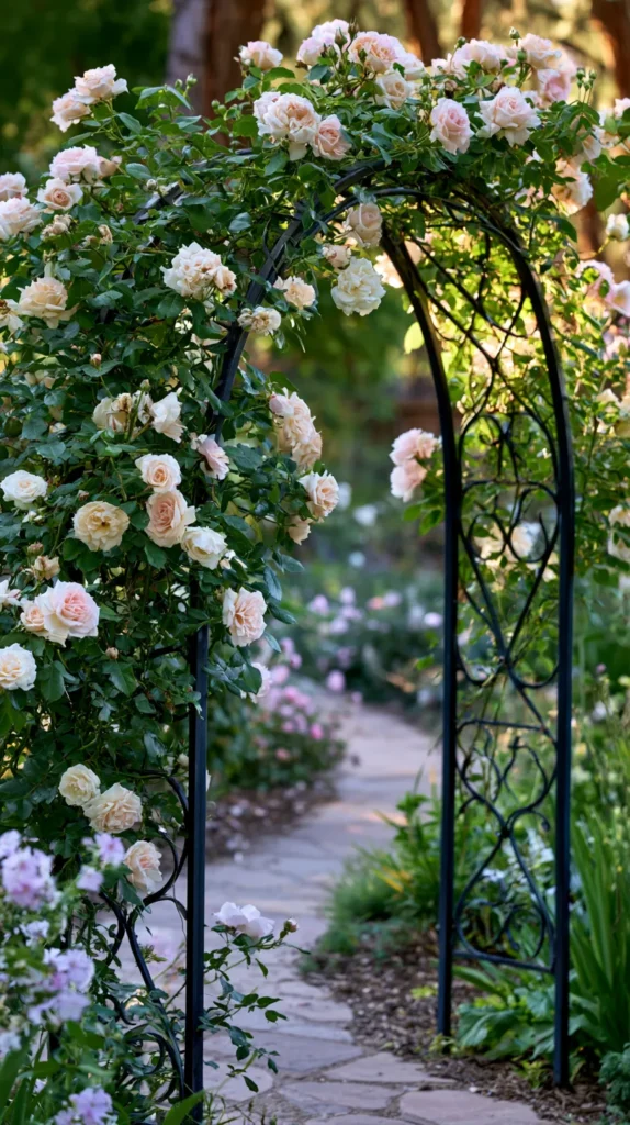 Affordable black metal garden arbor covered with blush pink and creamy white climbing roses, narrow garden walkway underneath, soft cottage garden flowers nearby, lush greenery, charming budget backyard design, golden hour light, realistic garden photography, romantic but practical style, no people, no text, no watermark
