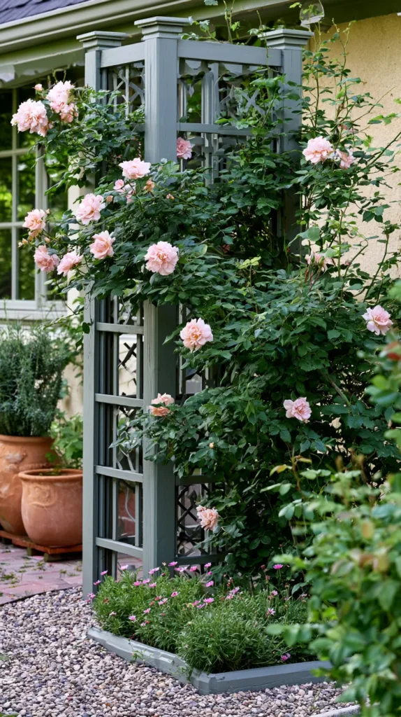 Small backyard corner with a narrow wooden lattice trellis painted sage green, climbing roses with soft pink blooms, compact raised flower bed, pea gravel ground, terracotta planters, budget-friendly small garden makeover, bright natural light, realistic outdoor photo, cozy cottage feel, no people, no text, no watermark