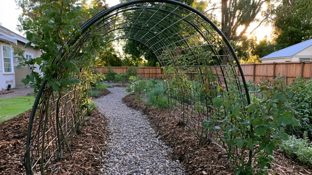 Budget-friendly cattle panel trellis arched over a simple garden path, young climbing roses starting to grow along the metal grid, fresh mulch beds, casual backyard garden setting, affordable DIY garden structure, realistic materials, warm morning sunlight, natural outdoor photography, no people, no text, no watermark