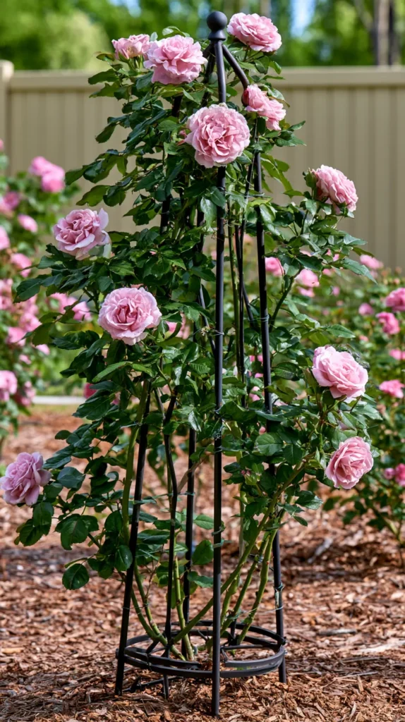 Freestanding metal rose trellis placed in a backyard flower bed, deep green leaves and soft pink climbing roses trained upward with garden ties, clean mulch, simple fence background, practical budget garden style, bright natural daylight, realistic editorial photography, no people, no text, no watermark