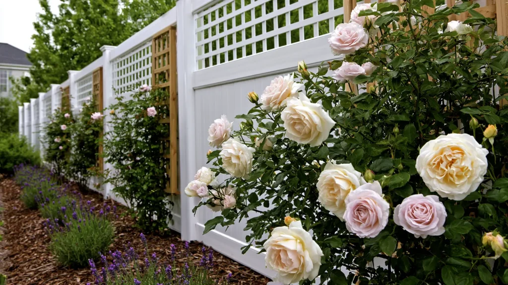 Long white backyard fence with several simple wooden trellis panels spaced evenly, climbing roses in pale pink and ivory blooms, neat flower bed with mulch and small lavender plants, budget-friendly polished garden design, fresh spring light, realistic garden photography, no people, no text, no watermark