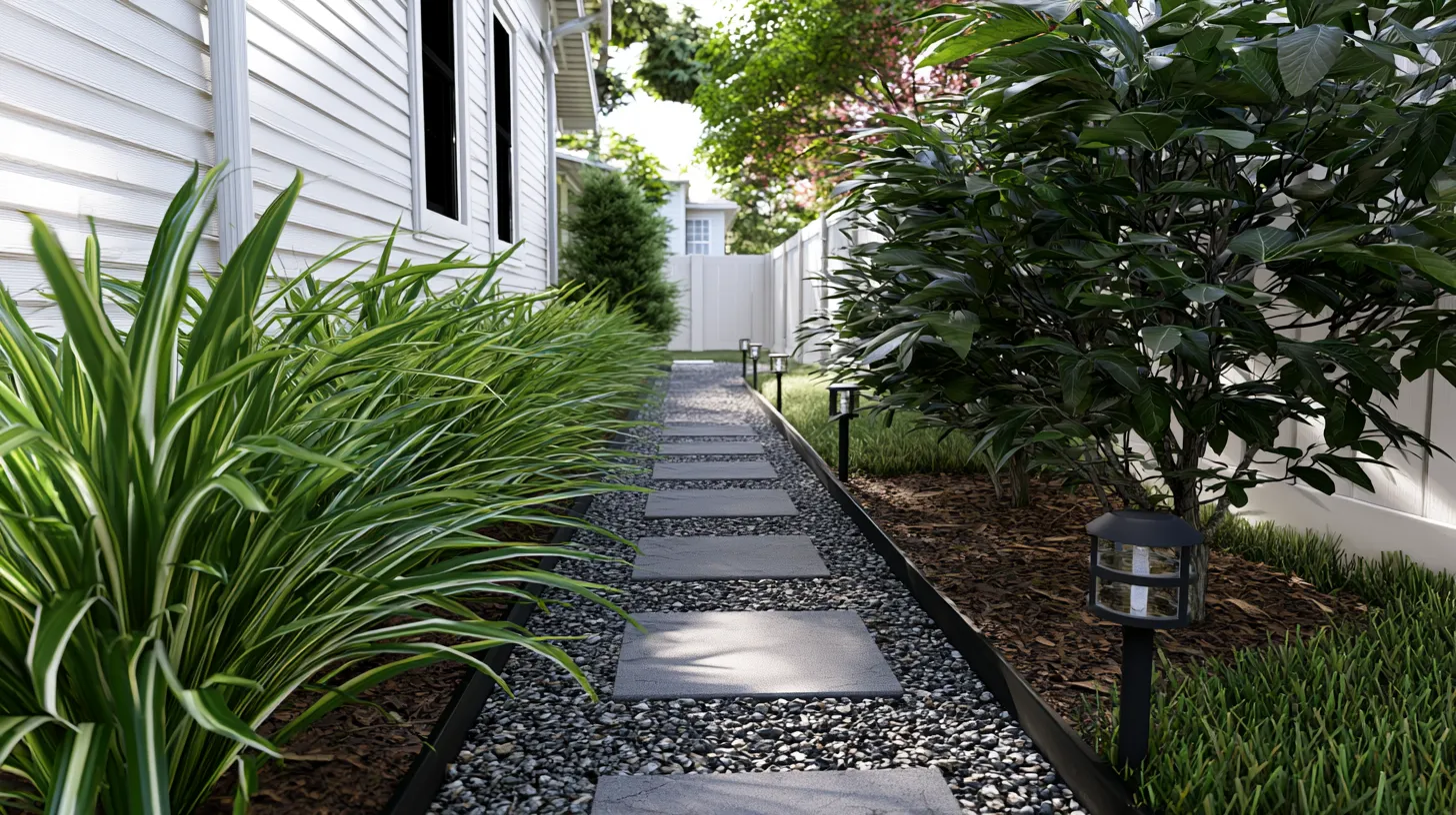 Budget-friendly side yard landscaping with a narrow pea gravel walkway, concrete stepping stones, black metal edging, simple solar path lights, lush liriope and mondo grass plantings, white house exterior, clean fence line, tidy mulch beds, bright natural daylight, realistic suburban backyard style, no people, no text, no watermark