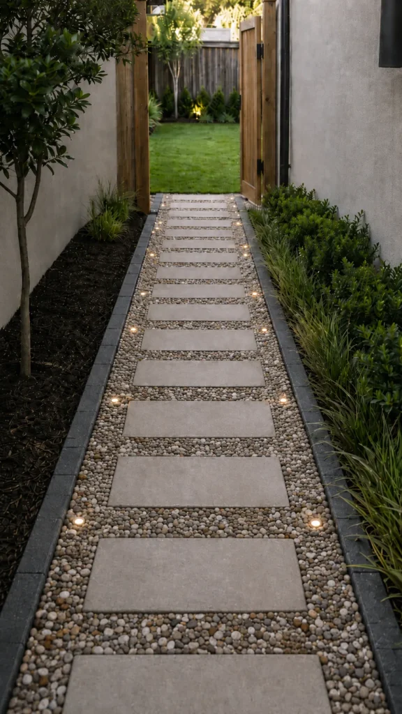 side yard stone and pebble path with lights in the ground