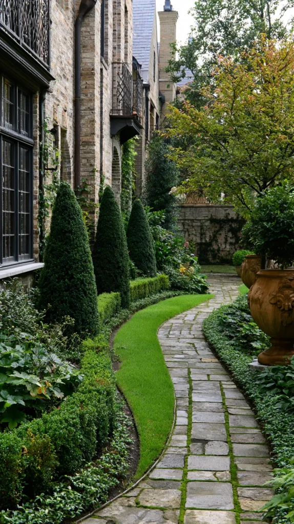 side yard of a home in an English garden style home