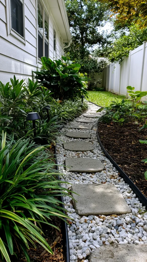 Budget-friendly side yard landscaping with a narrow pea gravel walkway, concrete stepping stones, black metal edging, simple solar path lights, lush liriope and mondo grass plantings, white house exterior, clean fence line, tidy mulch beds, bright natural daylight, realistic suburban backyard style, no people, no text, no watermark
