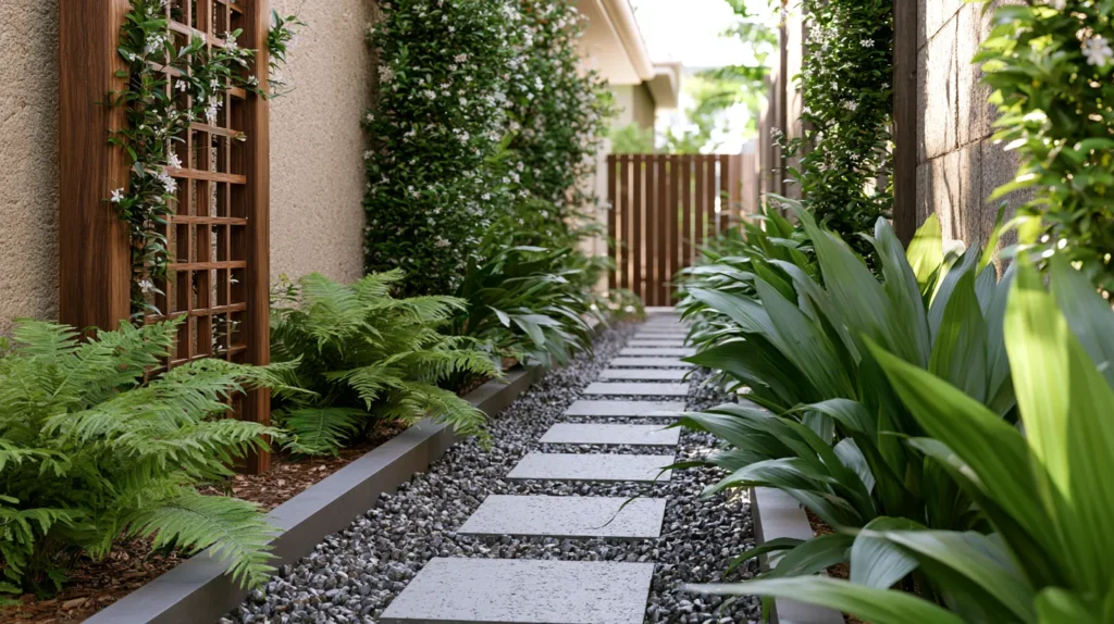Budget-friendly side yard landscaping with a narrow pea gravel walkway, concrete stepping stones, black metal edging, simple solar path lights, lush liriope and mondo grass plantings, white house exterior, clean fence line, tidy mulch beds, bright natural daylight, realistic suburban backyard style, no people, no text, no watermark