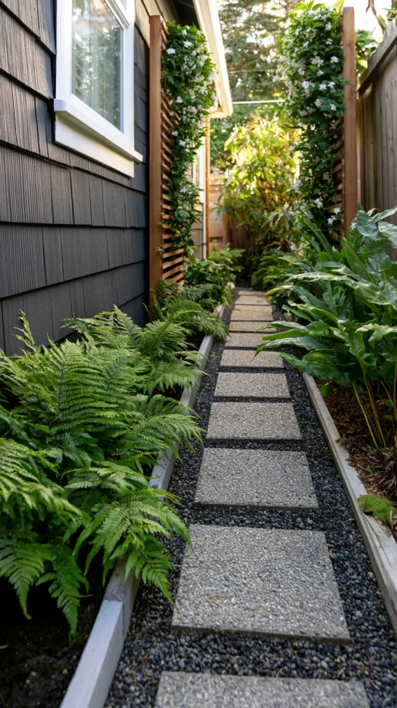 Small side yard landscaping makeover with crushed granite path, square concrete pavers, raised garden edging, low-maintenance ferns and cast iron plants, vertical wood trellis with climbing jasmine, cozy narrow outdoor passage, realistic home landscaping, soft morning light, no people, no text, no watermark