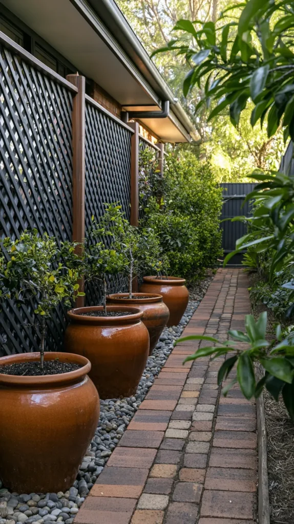 Narrow side yard landscaping with budget paver walkway, pea gravel border, terracotta planters, simple privacy lattice screen, compact greenery, tidy hose holder mounted on wall, clean and practical backyard side path, realistic editorial home and garden photography, no people, no text, no watermark